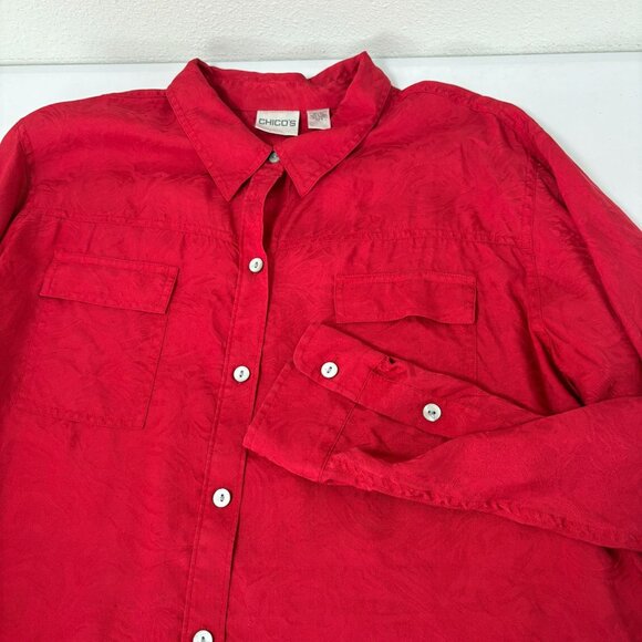 Chicos Button Front Top Size 3 XL Red 100% Silk Textured Print Long Sleeve - Picture 6 of 10